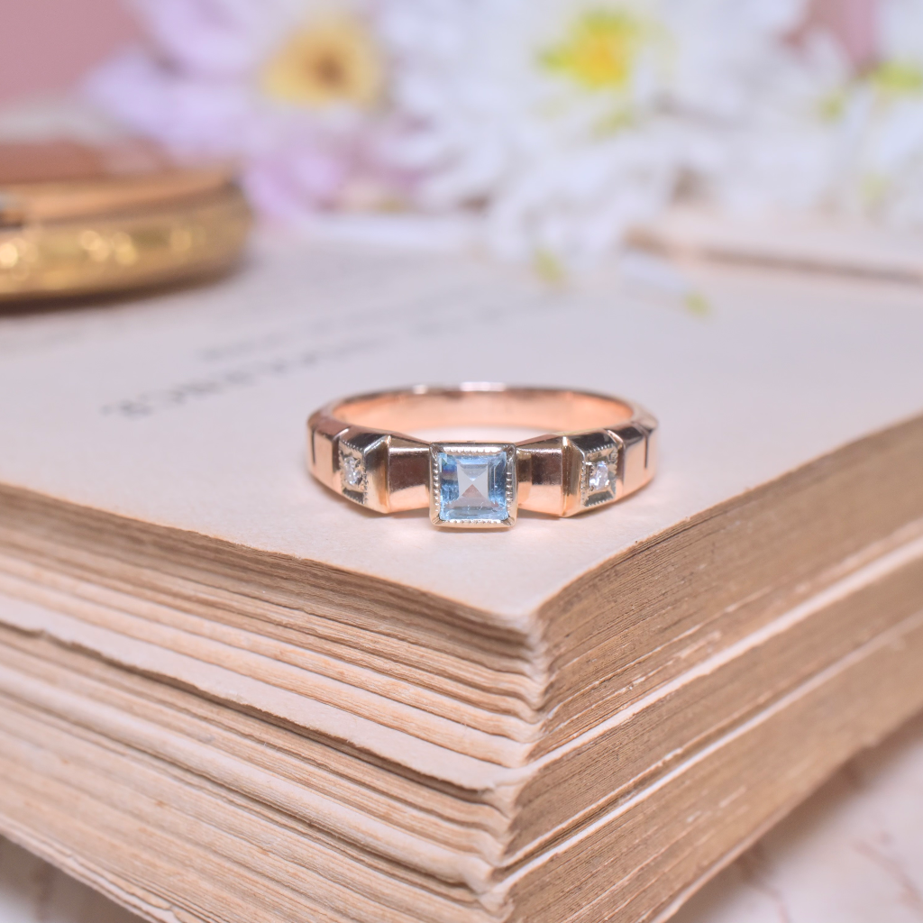 Vintage Russian 14ct Rose Gold Aquamarine And Diamond Ring