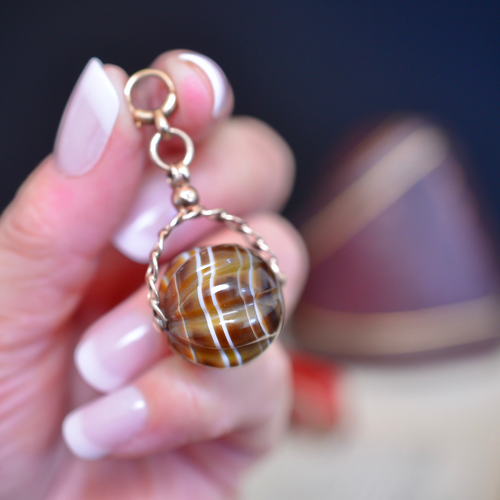 Antique 9ct Rose Gold Carved Banded Agate Spinner Fob Pendant