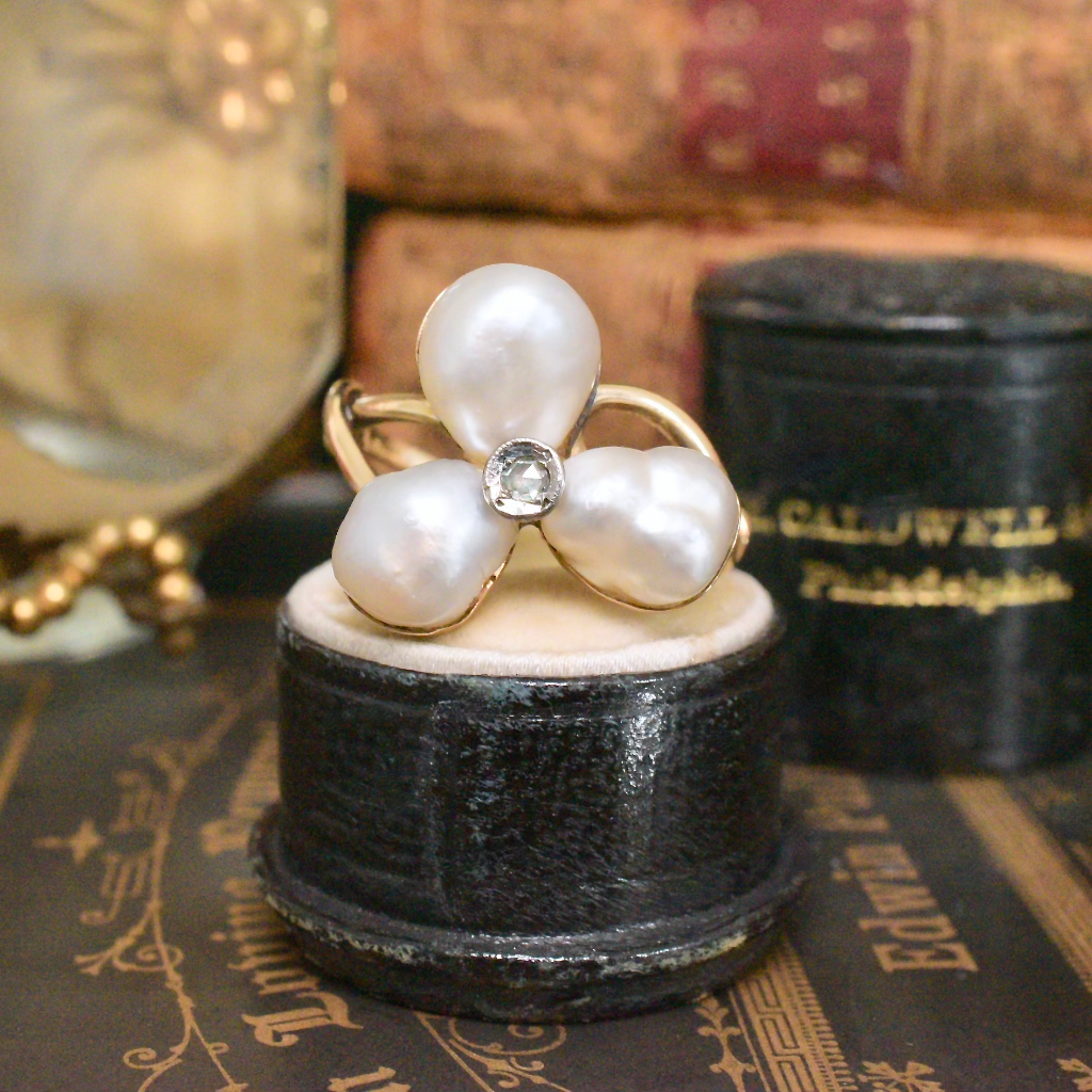 Antique Art Nouveau/Victorian Era 15ct Rose Gold Freshwater Pearl Rose Cut Diamond Ring