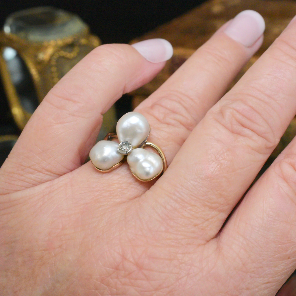 Antique Art Nouveau/Victorian Era 15ct Rose Gold Freshwater Pearl Rose Cut Diamond Ring