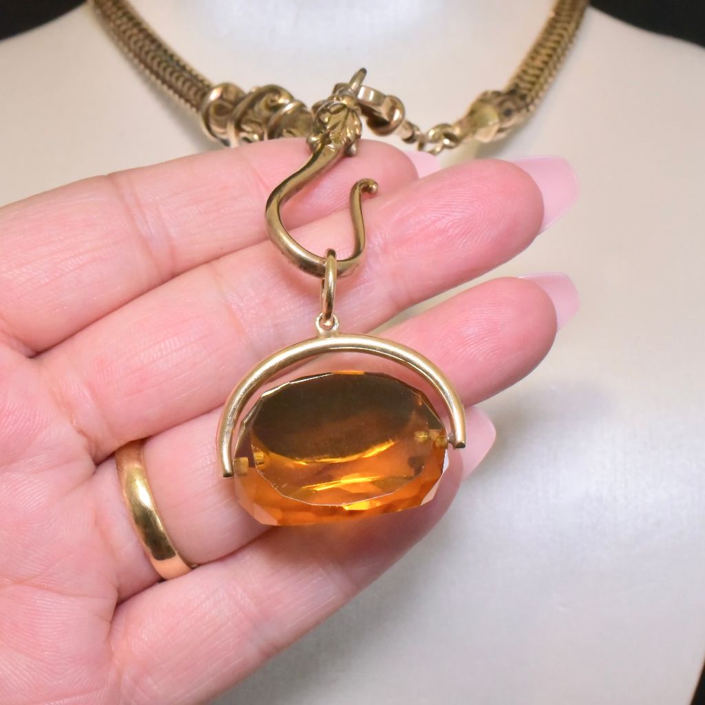 Vintage 9ct Yellow Gold Antique Style Citrine Glass Spinner Fob Pendant 14.3 Grams