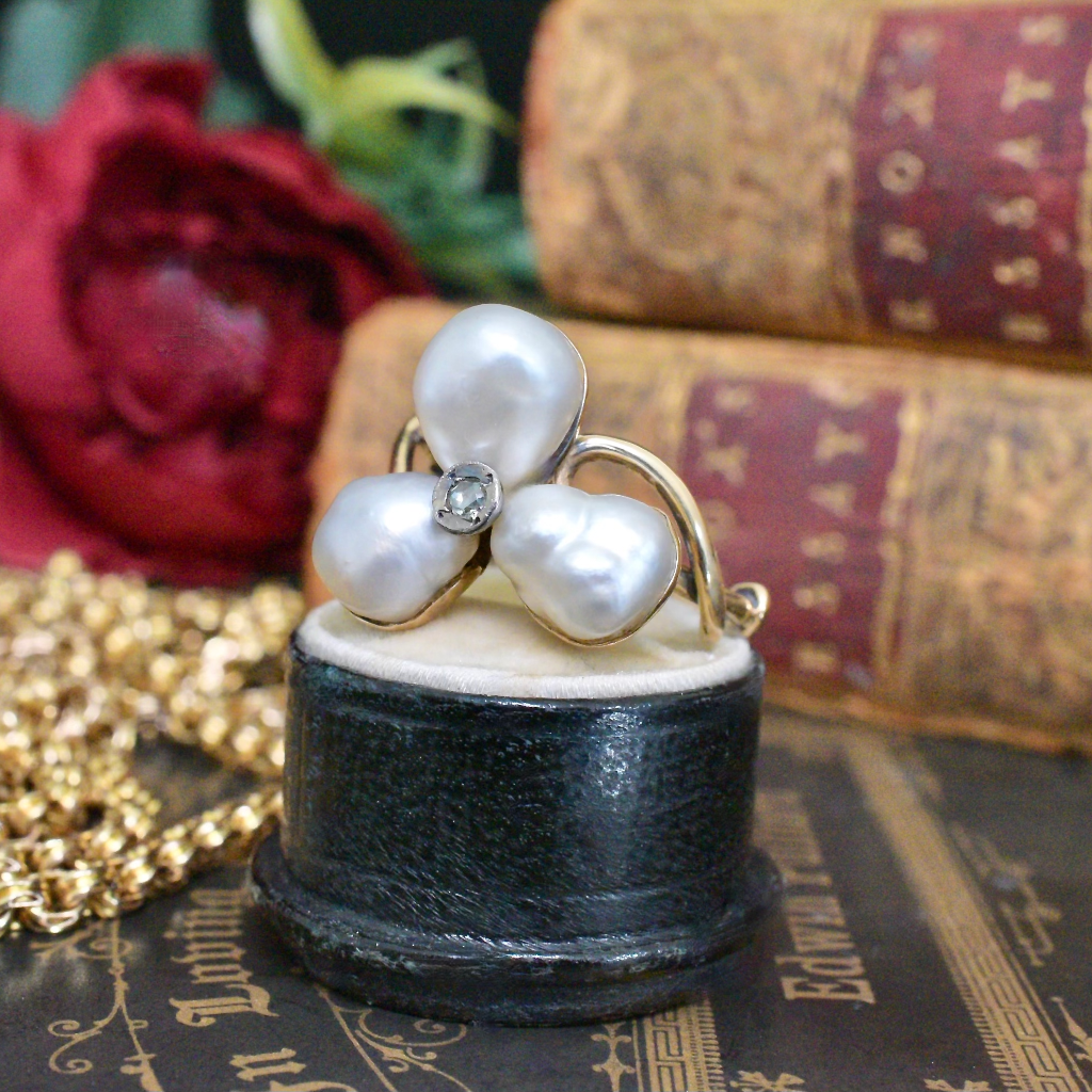 Antique Art Nouveau/Victorian Era 15ct Rose Gold Freshwater Pearl Rose Cut Diamond Ring