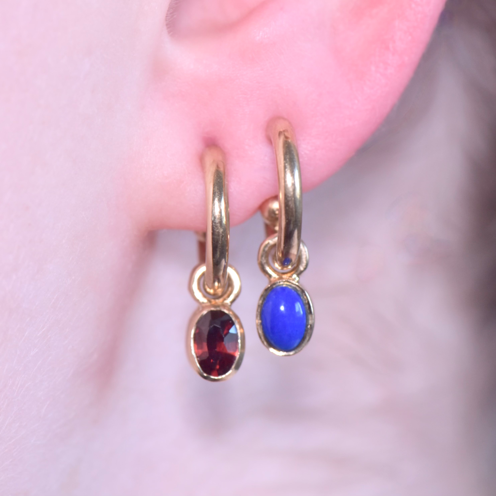 Modern 9ct Yellow Gold ‘Interchangeable’ Garnet And Lapis Lazuli Hoop Earrings