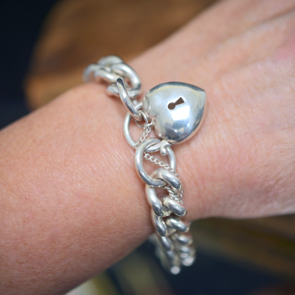 Contemporary Solid Sterling Silver Curb-link Padlock Bracelet - 86 Grams