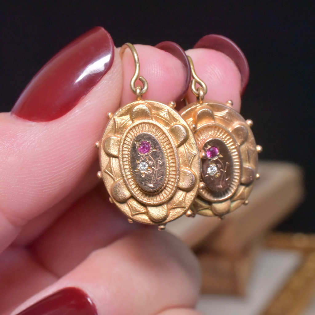 Antique Victorian 9ct Rose Gold Ruby And Diamond Earrings Circa 1900