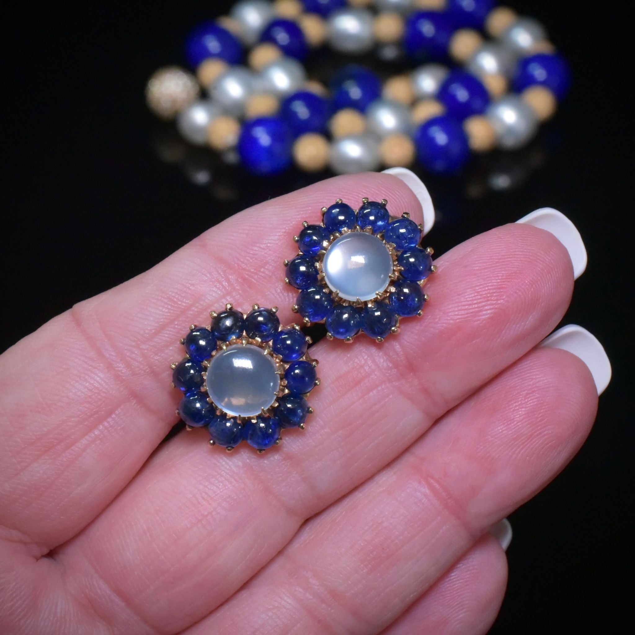 Fabulous Vintage 14ct (and 9ct Butterfly Backs) Yellow Gold Ceylon Moonstone And Sapphire Daisy Halo Earrings