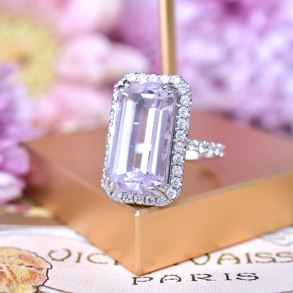 Modern 14ct White Gold Kunzite And Diamond Cocktail Ring Independent Valuation Included For $8,990 AUD
