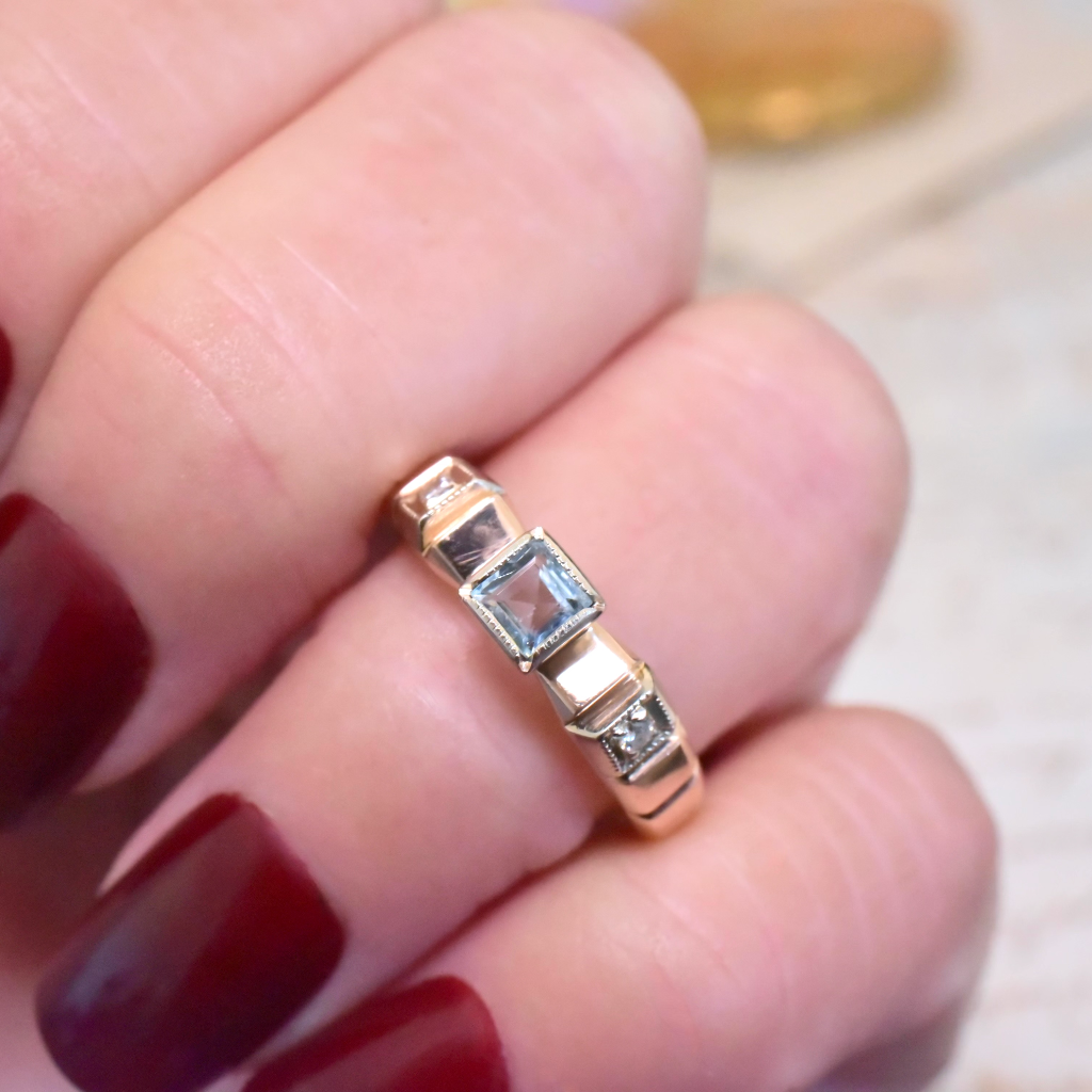 Vintage Russian 14ct Rose Gold Aquamarine And Diamond Ring