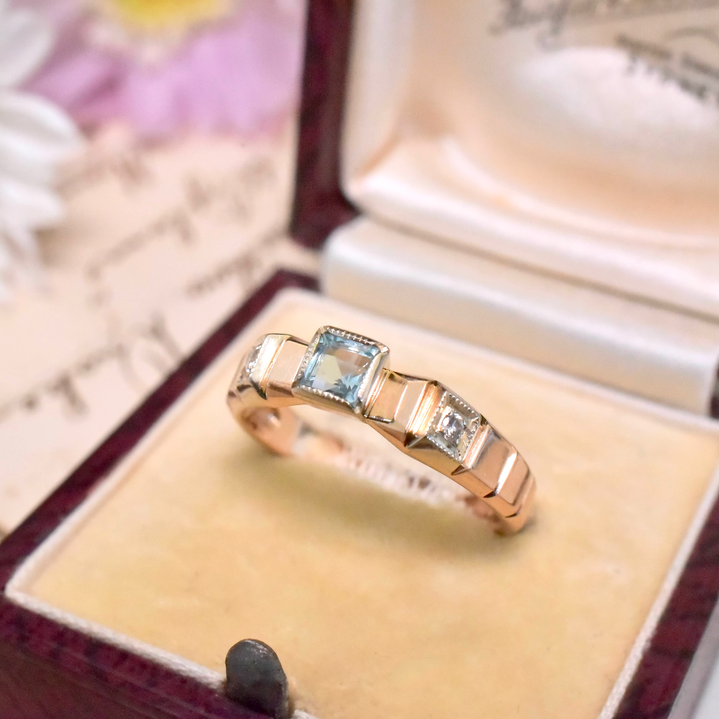 Vintage Russian 14ct Rose Gold Aquamarine And Diamond Ring