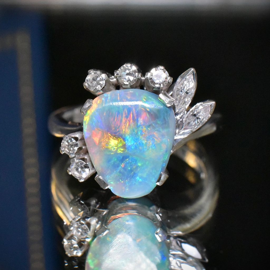 Superb 18ct White Gold Solid Lightning Ridge Black Opal And Diamond Ring