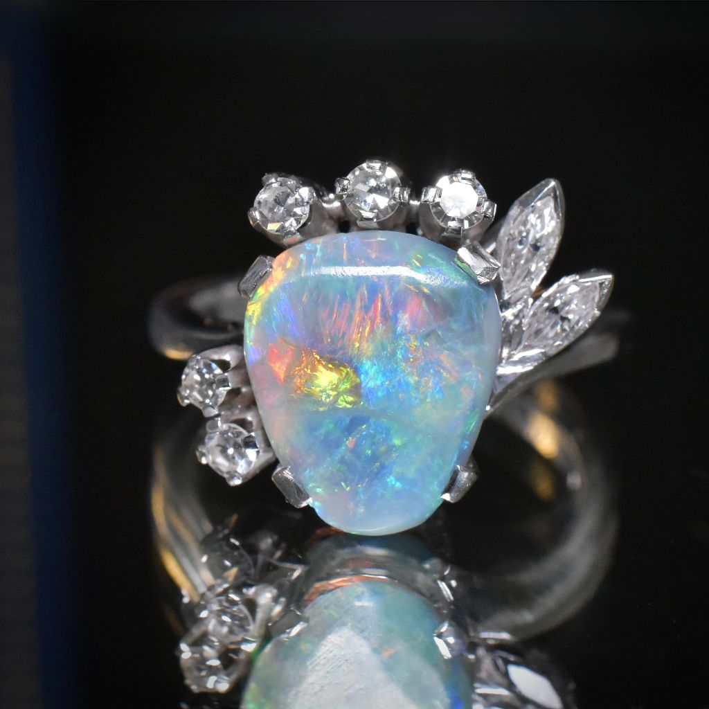 Superb 18ct White Gold Solid Lightning Ridge Black Opal And Diamond Ring