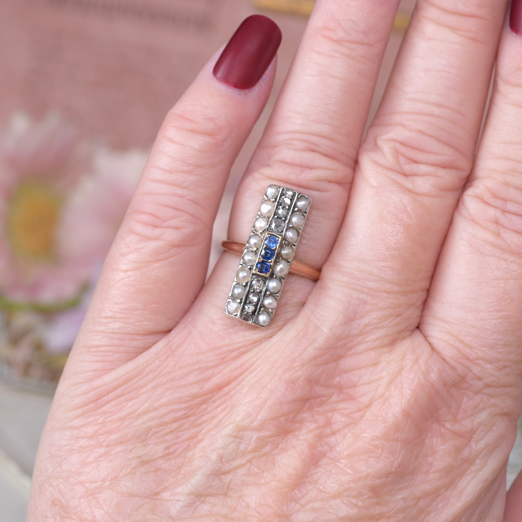 Art Deco Era 18ct Rose Gold Diamond Sapphire And Pearl Ring Circa 1920
