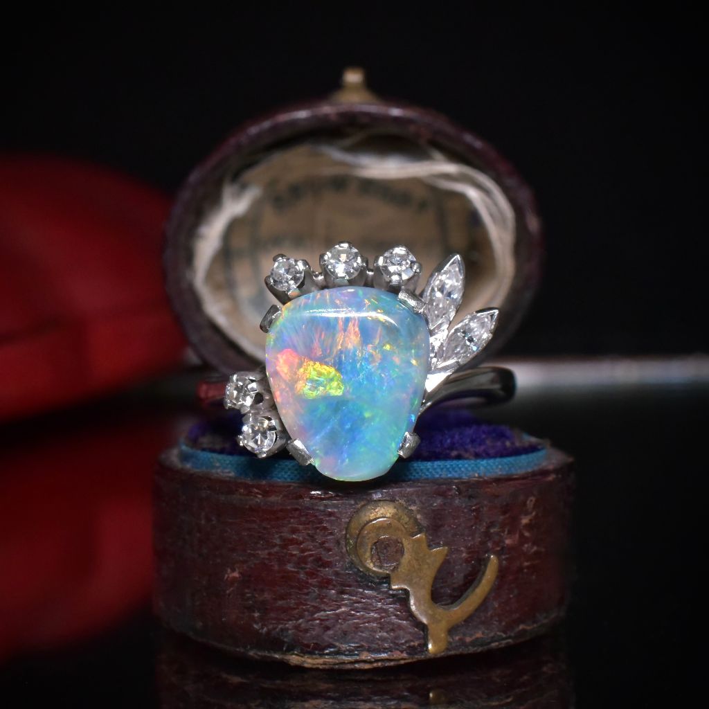 Superb 18ct White Gold Solid Lightning Ridge Black Opal And Diamond Ring