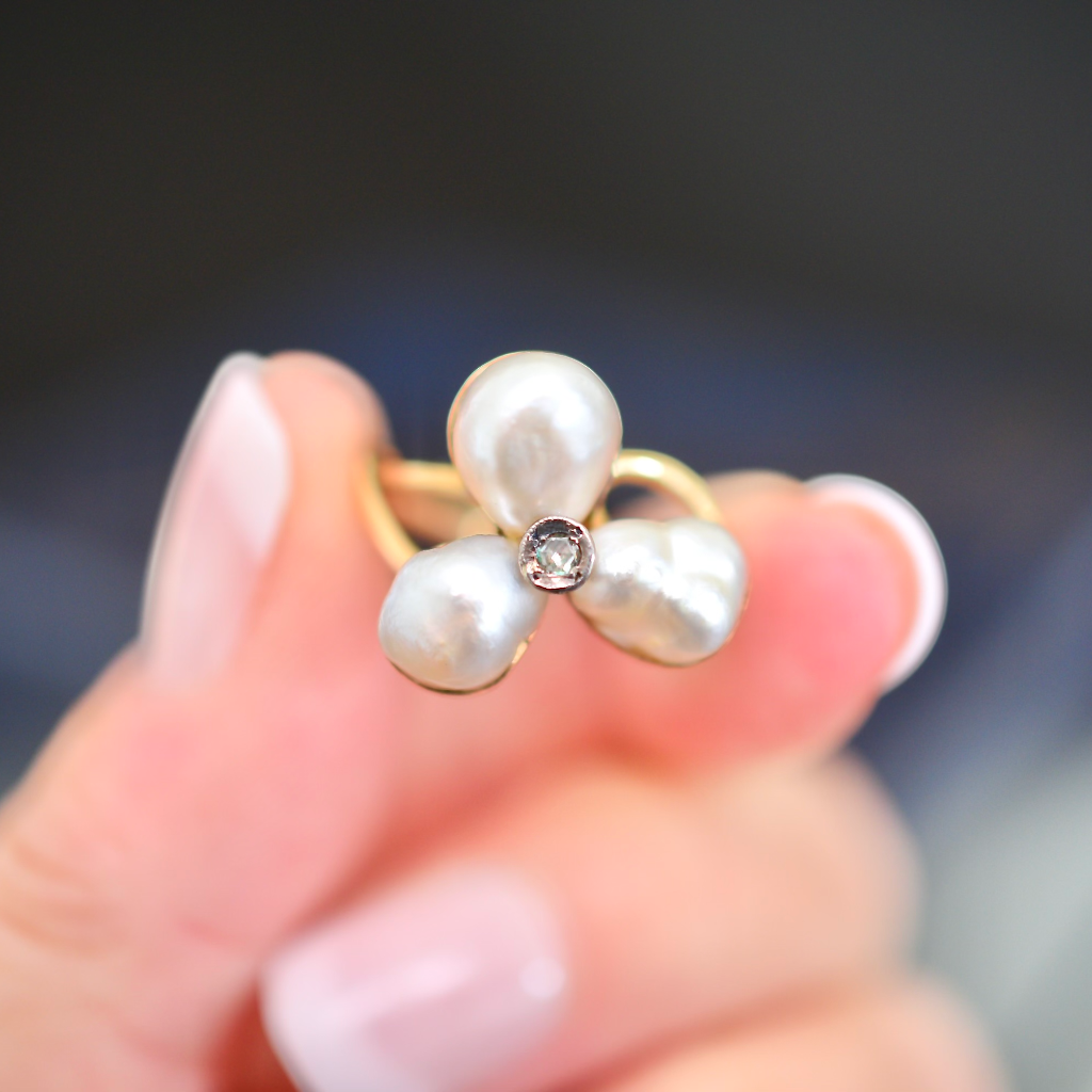 Antique Art Nouveau/Victorian Era 15ct Rose Gold Freshwater Pearl Rose Cut Diamond Ring