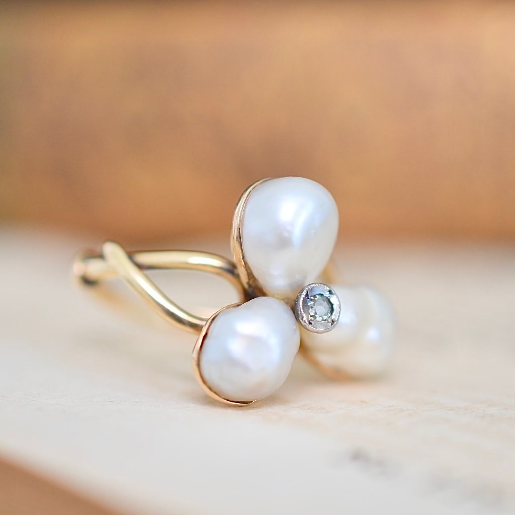Antique Art Nouveau/Victorian Era 15ct Rose Gold Freshwater Pearl Rose Cut Diamond Ring