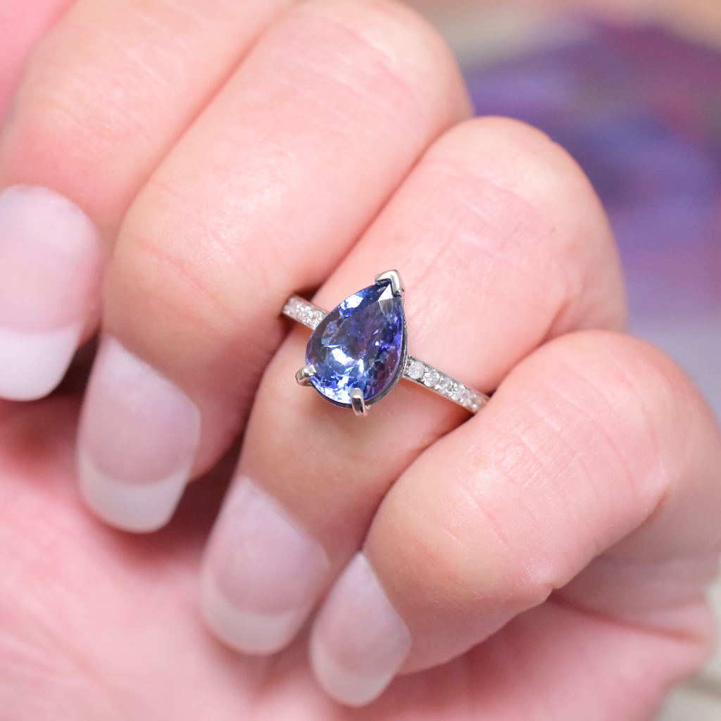 Modern 14ct White Gold Pear-Cut Tanzanite And Diamond Ring Valuation Included For $6,410 AUD