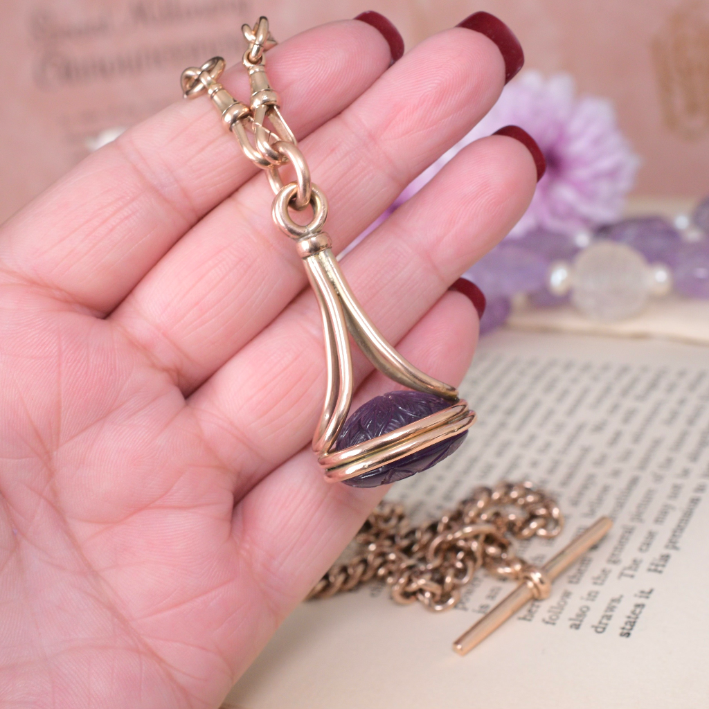 Vintage Large 9ct Rose Gold Carved Amethyst Fob Seal Pendant