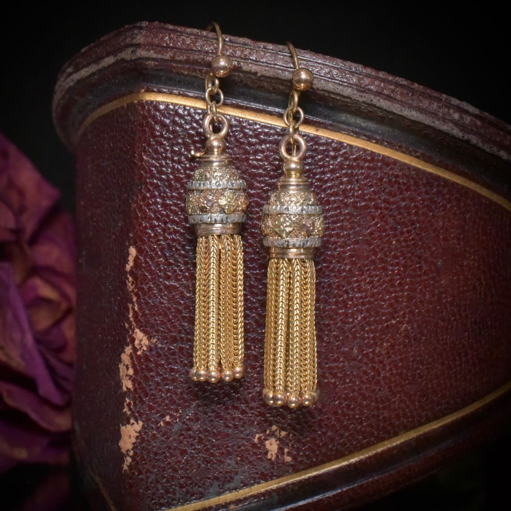 Superb Antique Victorian 9ct (And 15ct) Tri-Colour Long Drop Tassel Earrings Circa 1880-90
