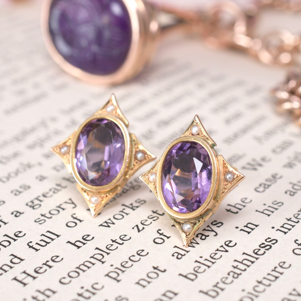 Vintage 9ct Yellow Gold Amethyst And Seed Pearl Earrings