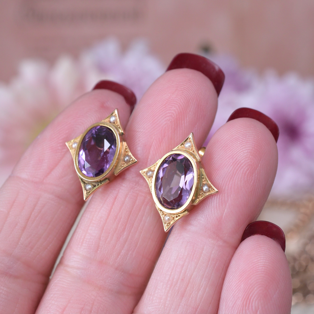 Vintage 9ct Yellow Gold Amethyst And Seed Pearl Earrings