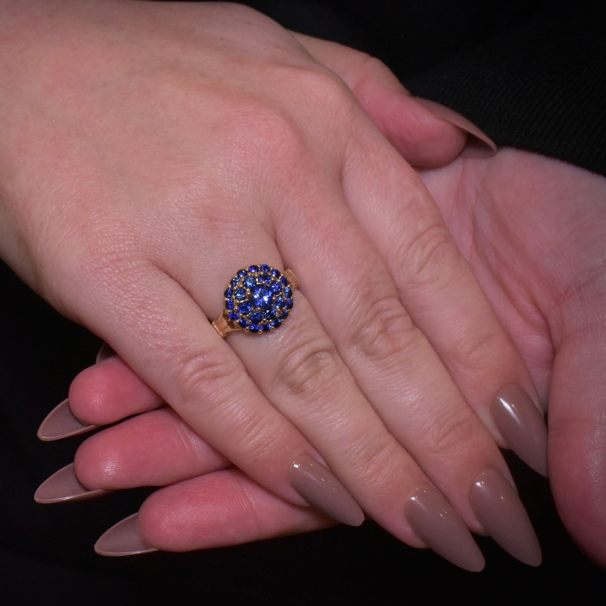 Modern 9ct Yellow Gold Man-Made Sapphire Daisy Cluster Ring