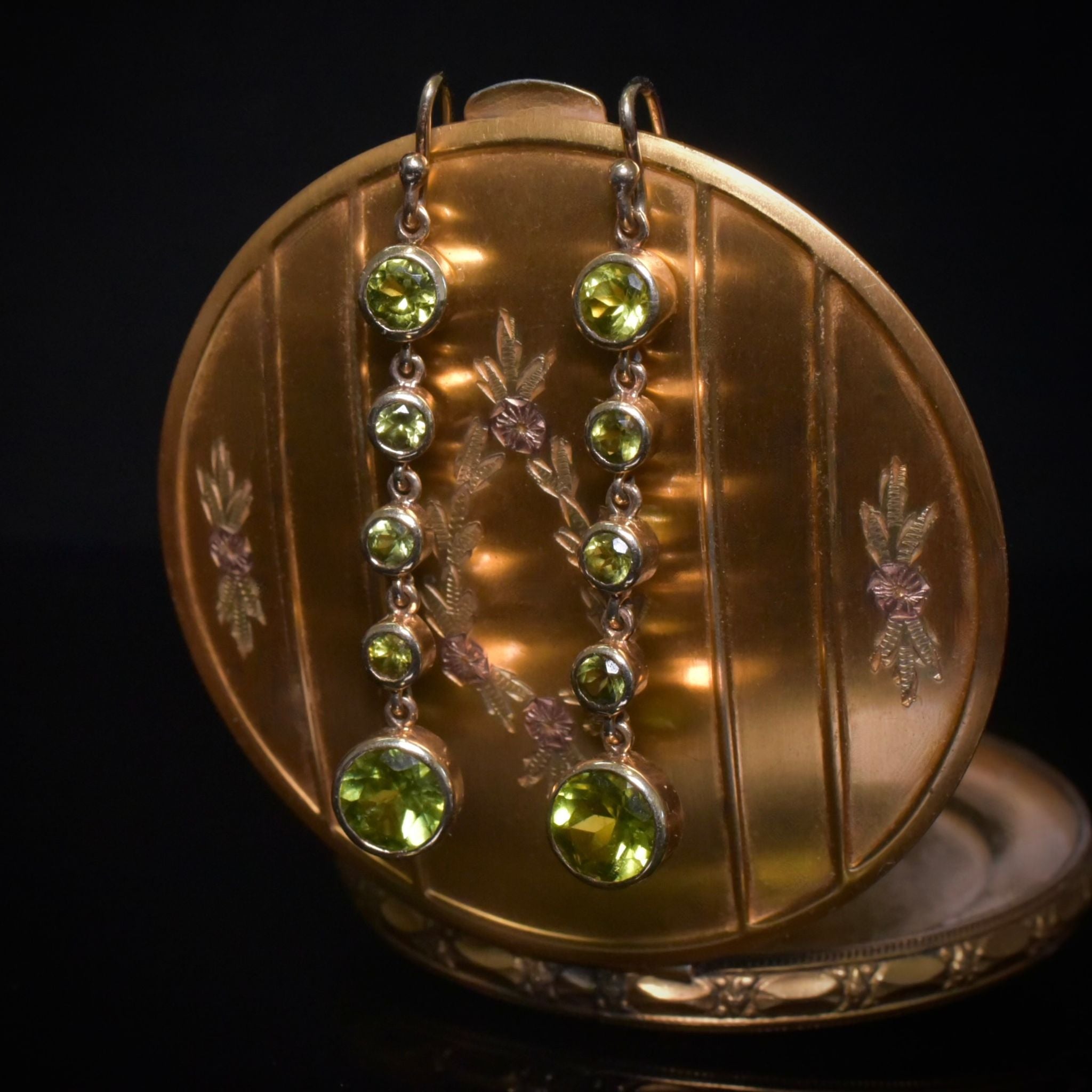 Modern 9ct Rose Gold And Peridot Articulated Drop Earrings