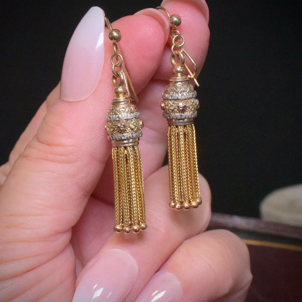 Superb Antique Victorian 9ct (And 15ct) Tri-Colour Long Drop Tassel Earrings Circa 1880-90