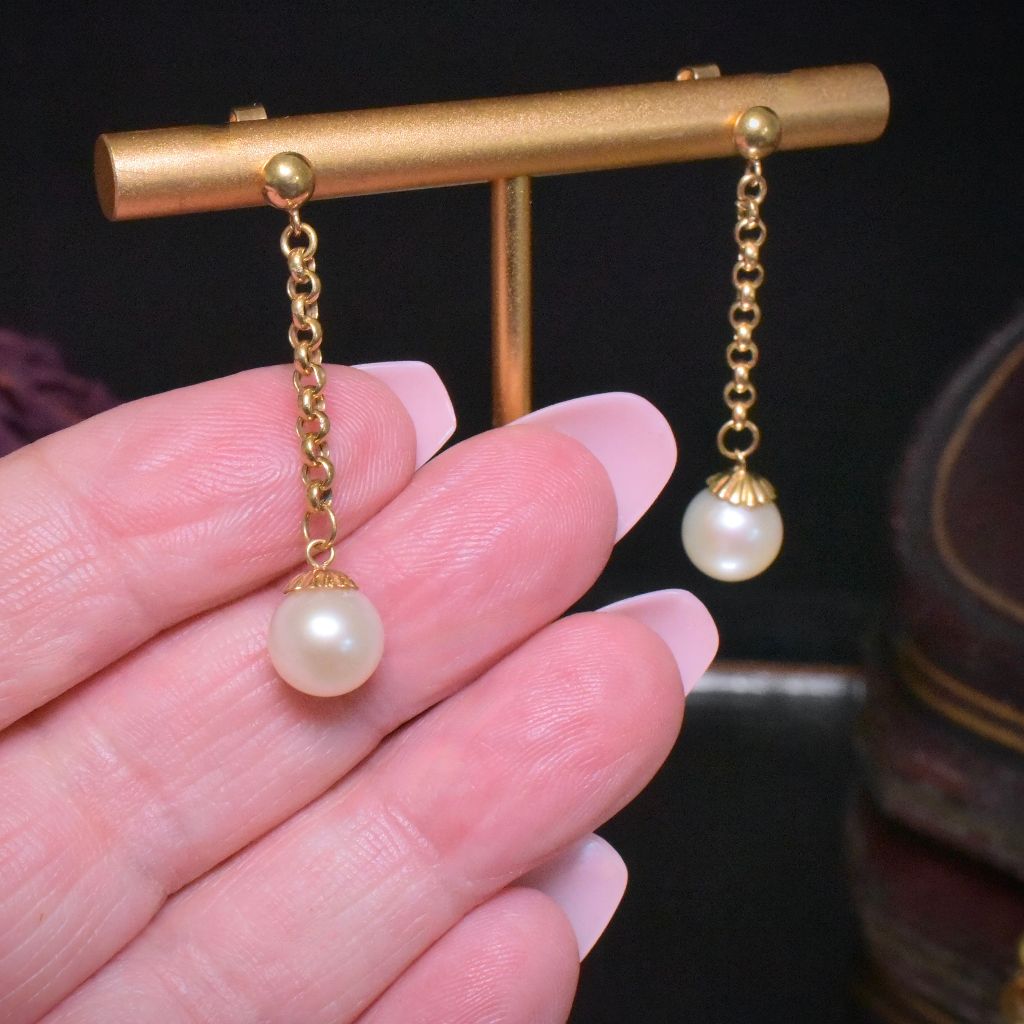 Vintage Italian 18ct Yellow Gold Akoya Pearl Long Drop Earrings