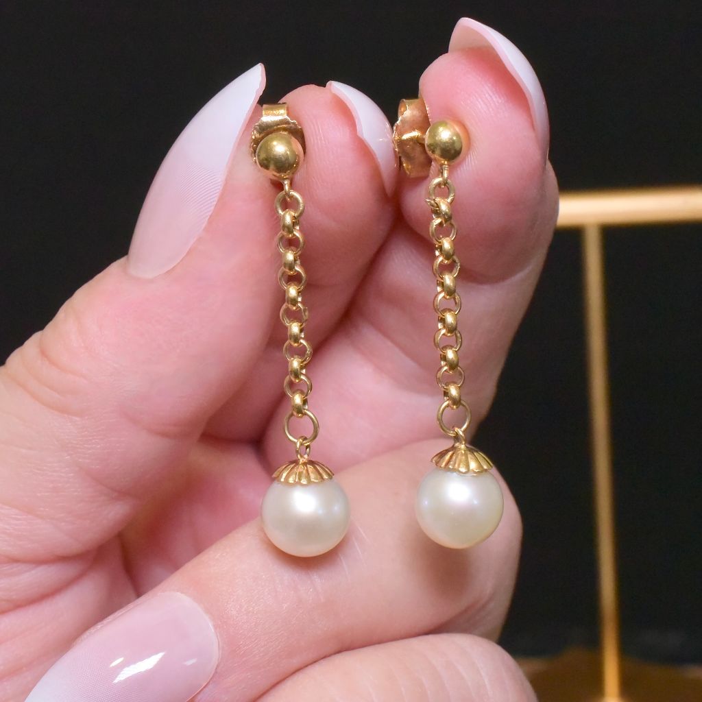 Vintage Italian 18ct Yellow Gold Akoya Pearl Long Drop Earrings