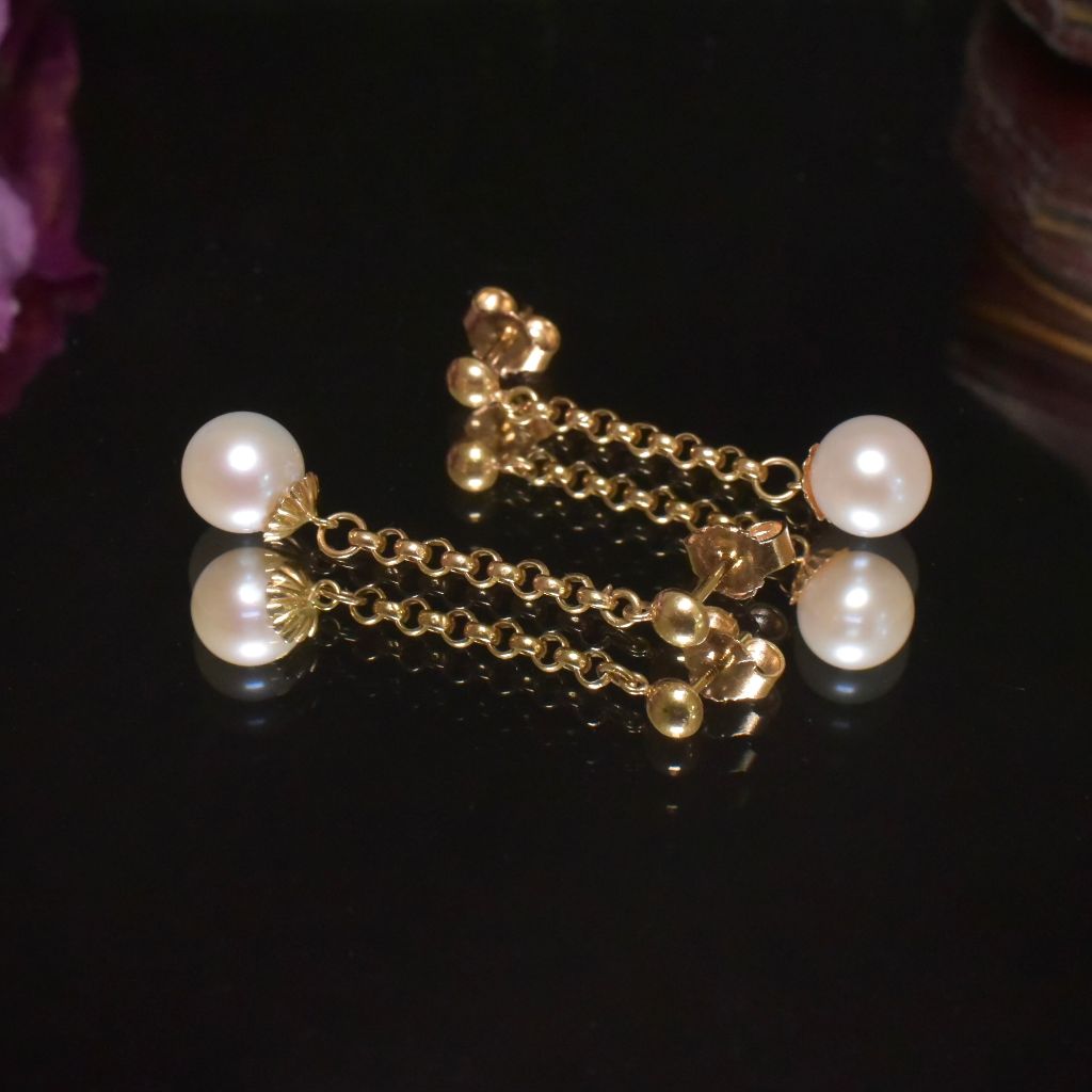 Vintage Italian 18ct Yellow Gold Akoya Pearl Long Drop Earrings