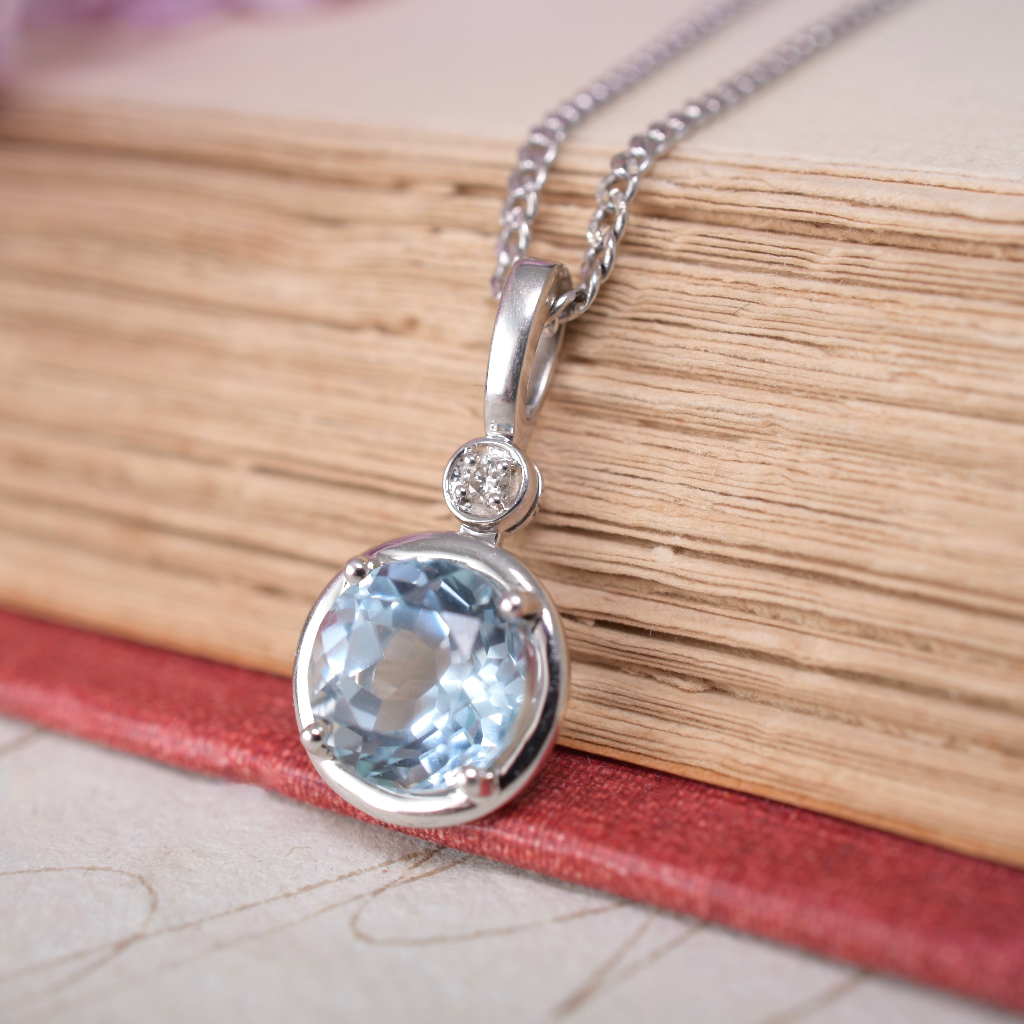 Modern 9ct White Gold Topaz And Diamond Pendant And 9ct Chain