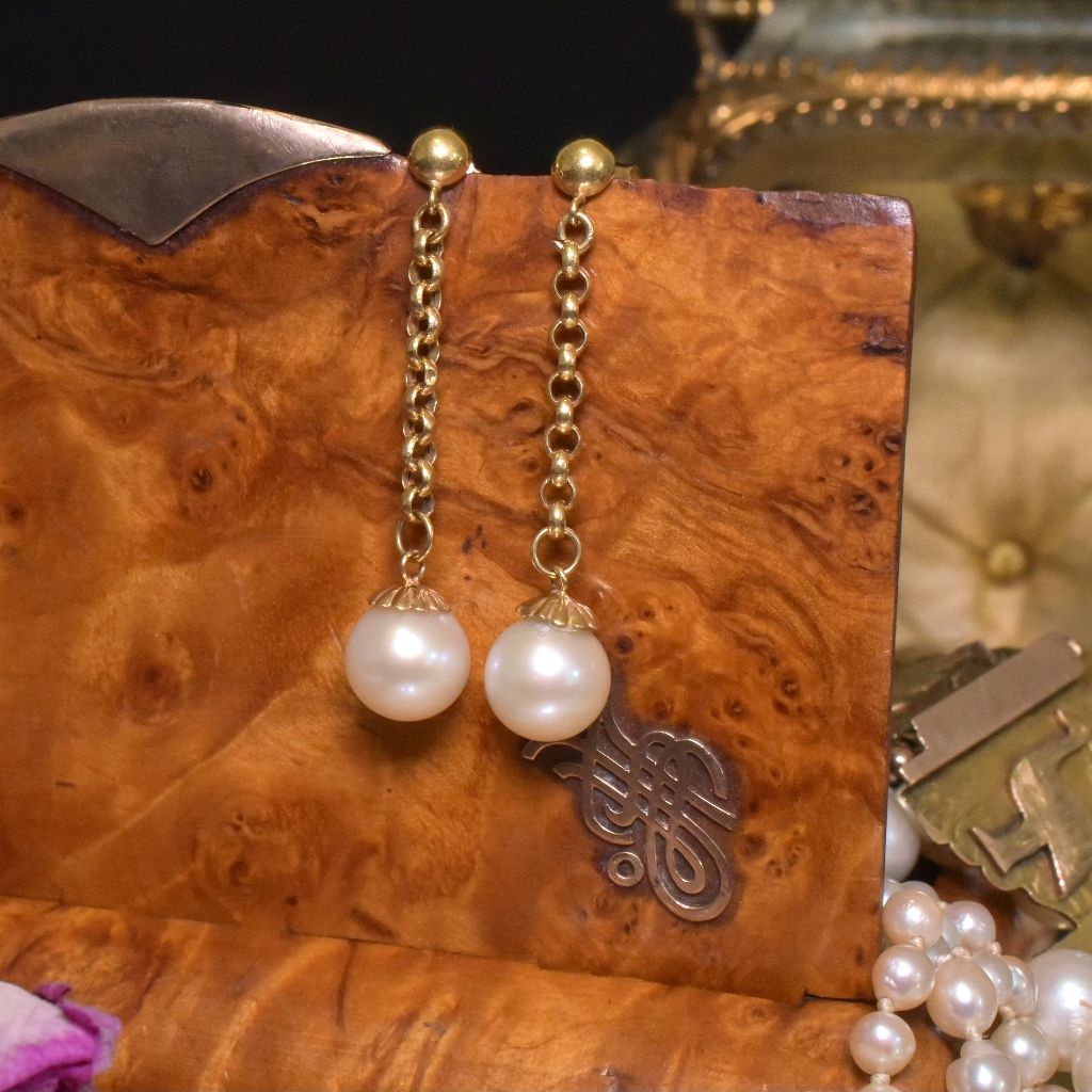 Vintage Italian 18ct Yellow Gold Akoya Pearl Long Drop Earrings