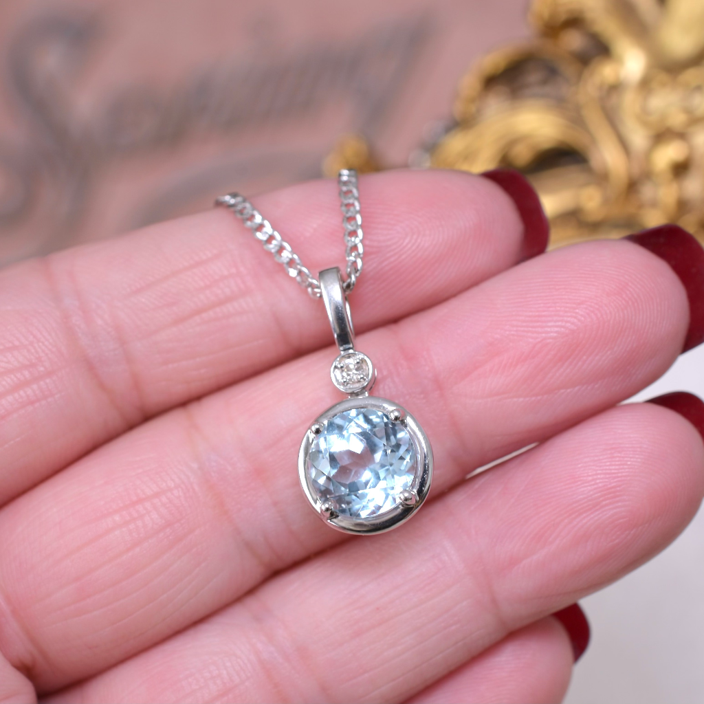Modern 9ct White Gold Topaz And Diamond Pendant And 9ct Chain