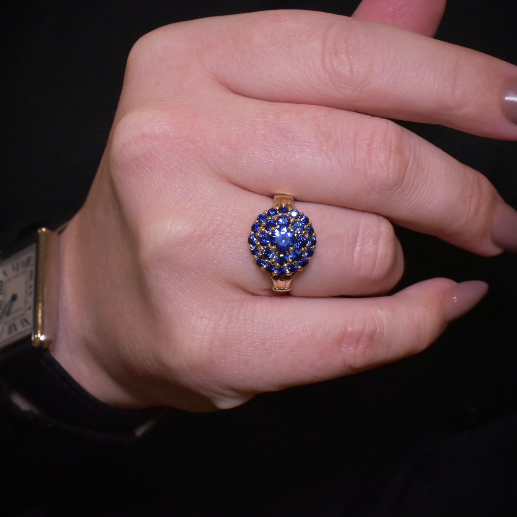 Modern 9ct Yellow Gold Man-Made Sapphire Daisy Cluster Ring
