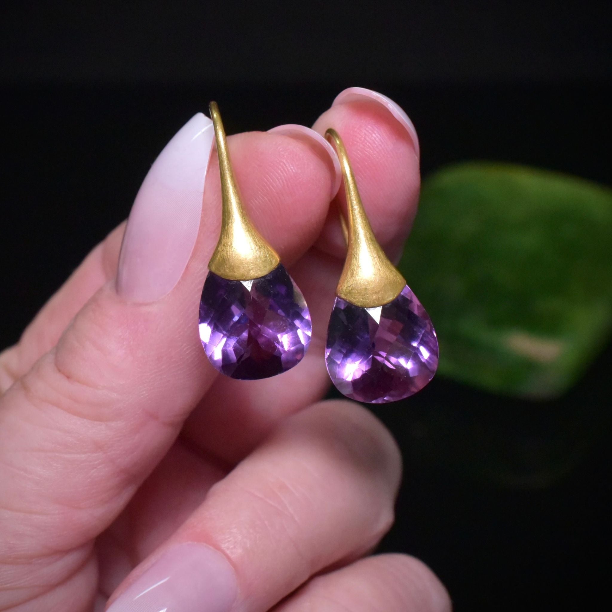 Contemporary 18ct Yellow Gold And Amethyst Drop Earrings