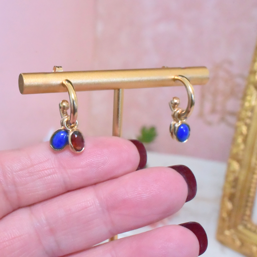 Modern 9ct Yellow Gold ‘Interchangeable’ Garnet And Lapis Lazuli Hoop Earrings