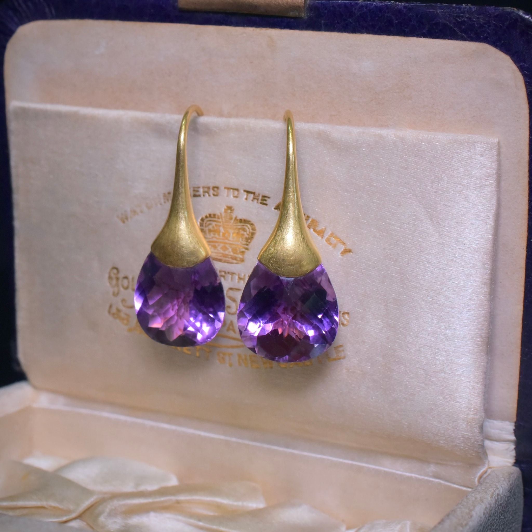 Contemporary 18ct Yellow Gold And Amethyst Drop Earrings