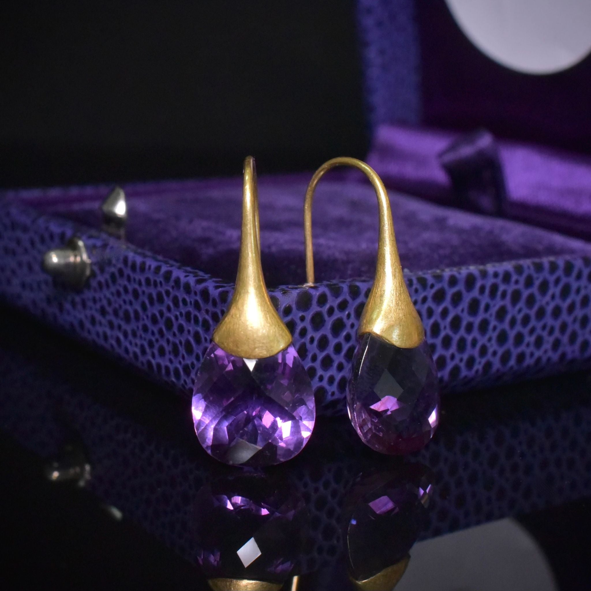 Contemporary 18ct Yellow Gold And Amethyst Drop Earrings