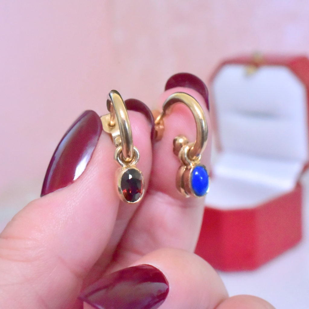 Modern 9ct Yellow Gold ‘Interchangeable’ Garnet And Lapis Lazuli Hoop Earrings