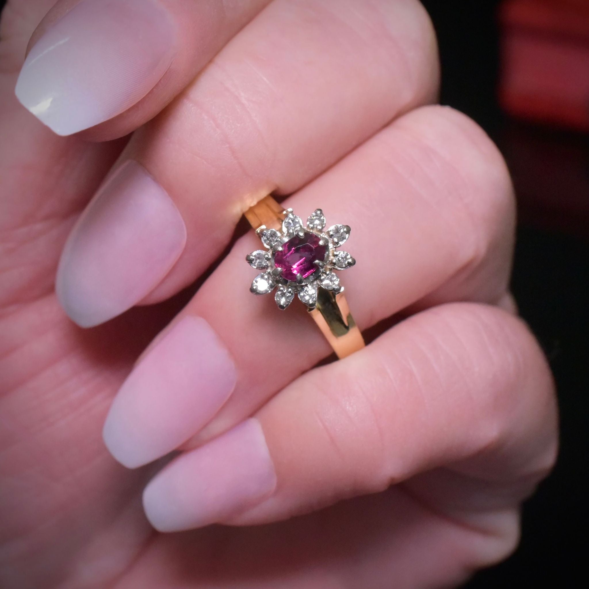 Vintage 18ct Yellow Gold Ruby And Diamond Cluster Ring
