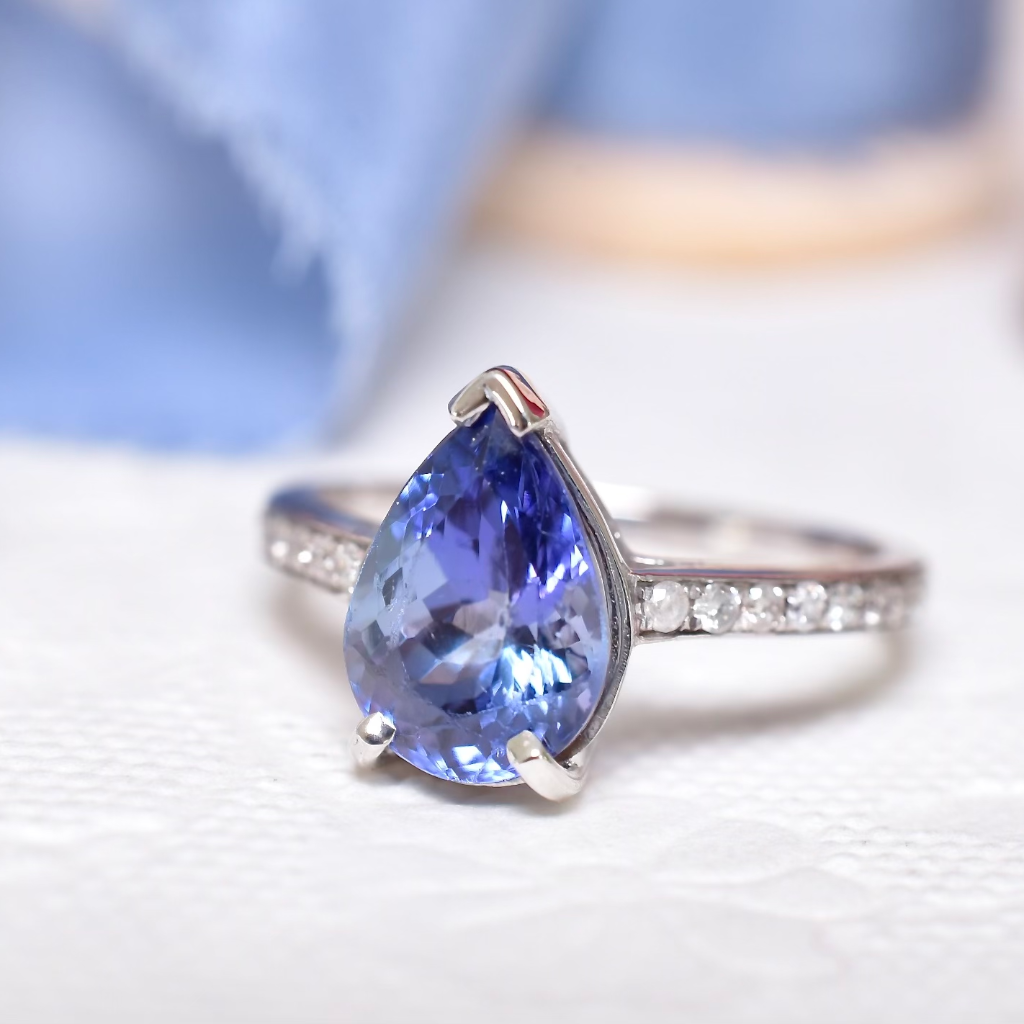 Modern 14ct White Gold Pear-Cut Tanzanite And Diamond Ring Valuation Included For $6,410 AUD