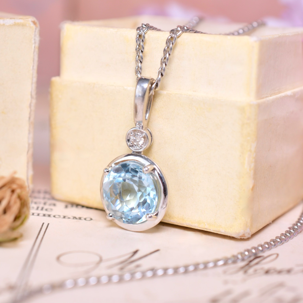 Modern 9ct White Gold Topaz And Diamond Pendant And 9ct Chain