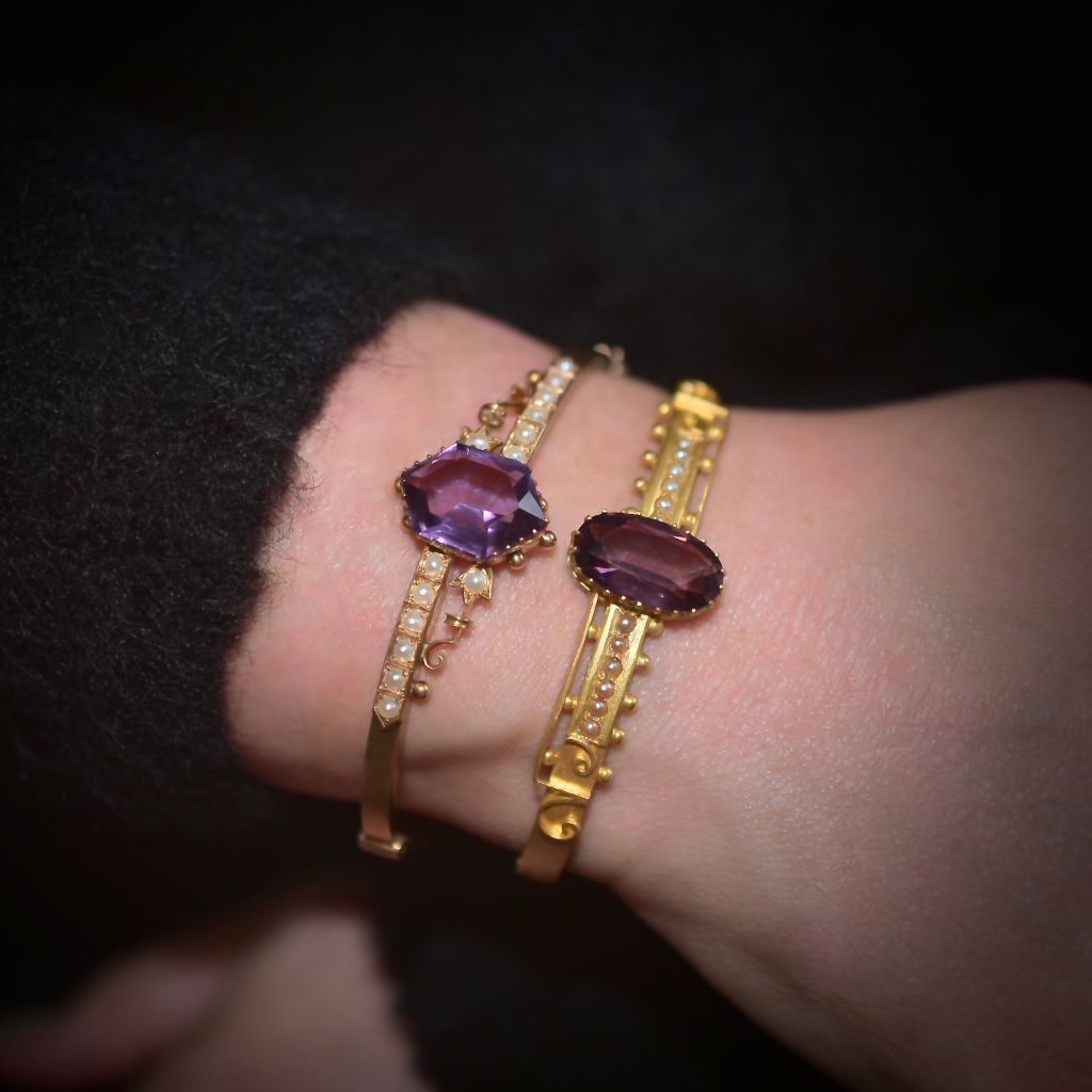 Antique Australian 15ct Rose Gold Amethyst And Seed Pearl Bangle - Thomas Gaunt, Melbourne Circa 1915