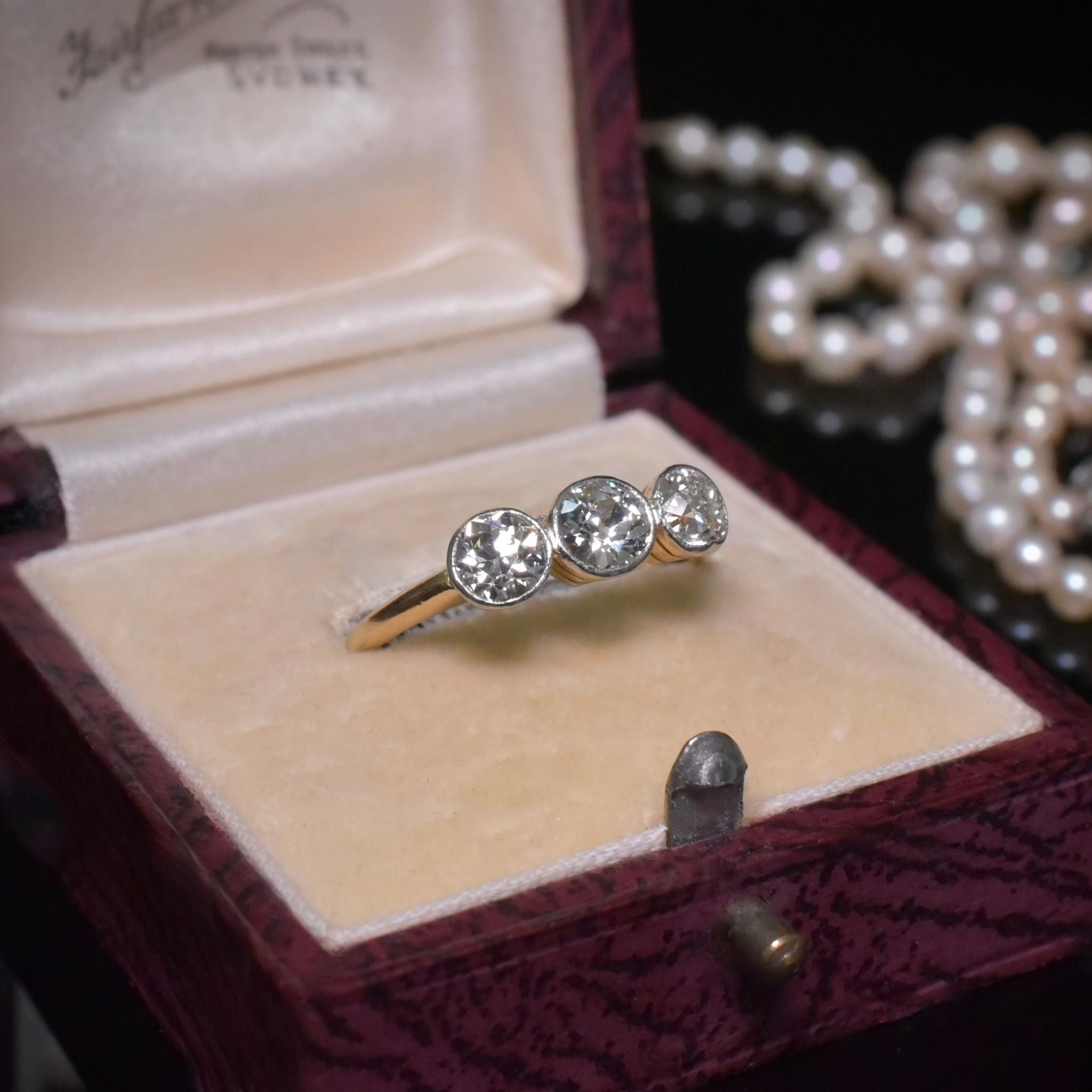 Antique Edwardian 18ct Yellow Gold and Platinum Diamond Trilogy Ring - 1.00ct
