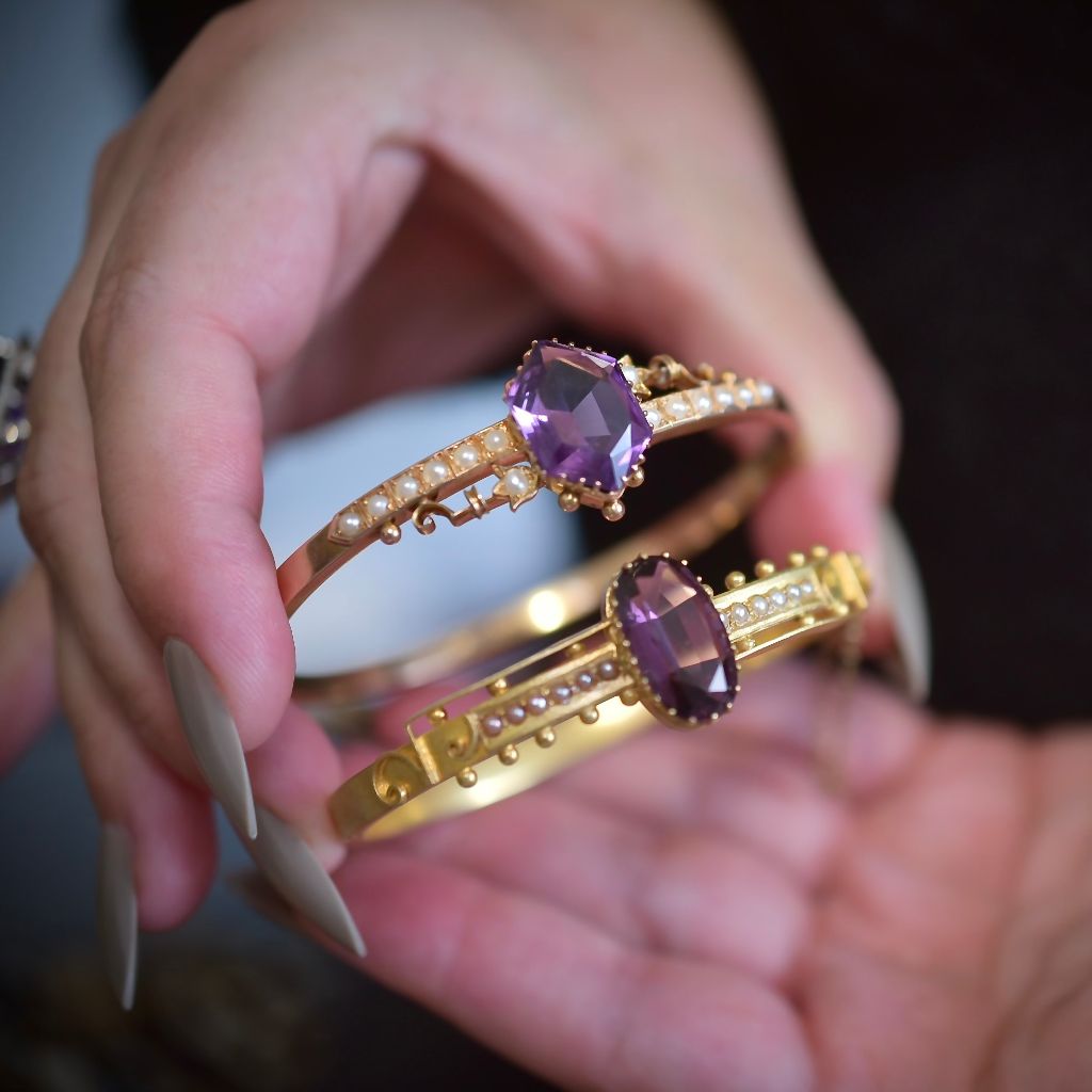 Antique Australian 15ct Rose Gold Amethyst And Seed Pearl Bangle - Thomas Gaunt, Melbourne Circa 1915