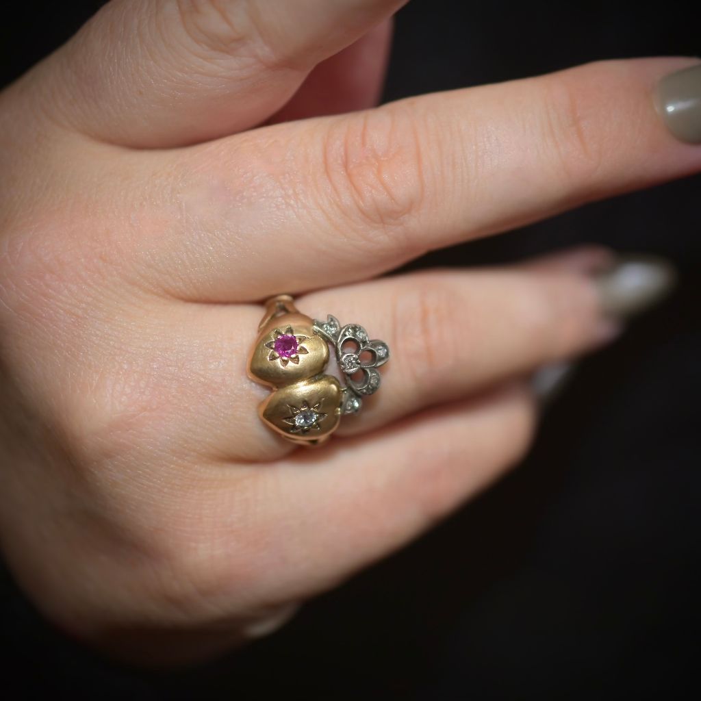 Antique Victorian 15ct Yellow Gold Ruby And Diamond ‘Crowned Bow Double Heart’ Ring