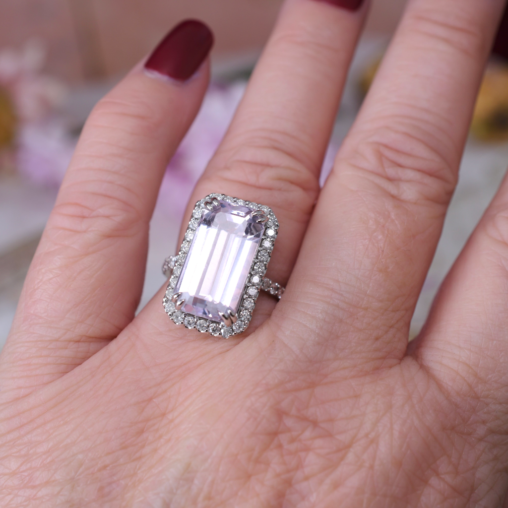 Modern 14ct White Gold Kunzite And Diamond Cocktail Ring Independent Valuation Included For $8,990 AUD