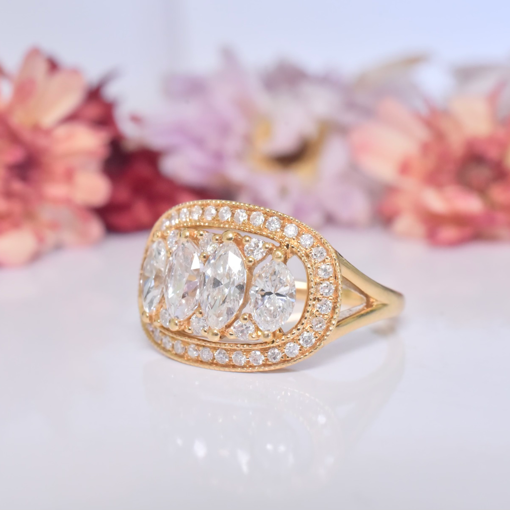 Modern 18ct Yellow Gold Marquise And Round Brilliant Cut Diamond Ring - 1.90ct Included In Purchase Retail Replacement Valuation For - $12,290 AUD