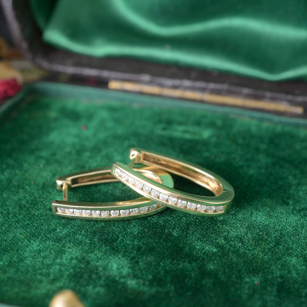 Modern 9ct Yellow Gold And Diamond Oval Huggie Style Earrings