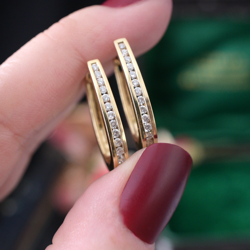Modern 9ct Yellow Gold And Diamond Oval Huggie Style Earrings